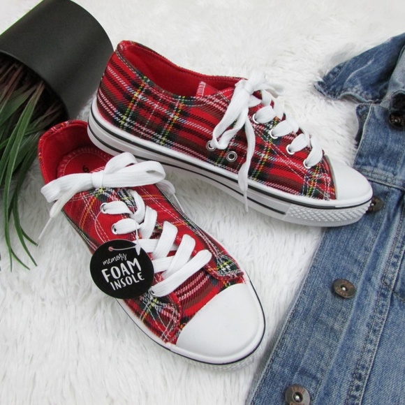 Streetwear Society Red Plaid Canvas Sneakers - Picture 4 of 8
